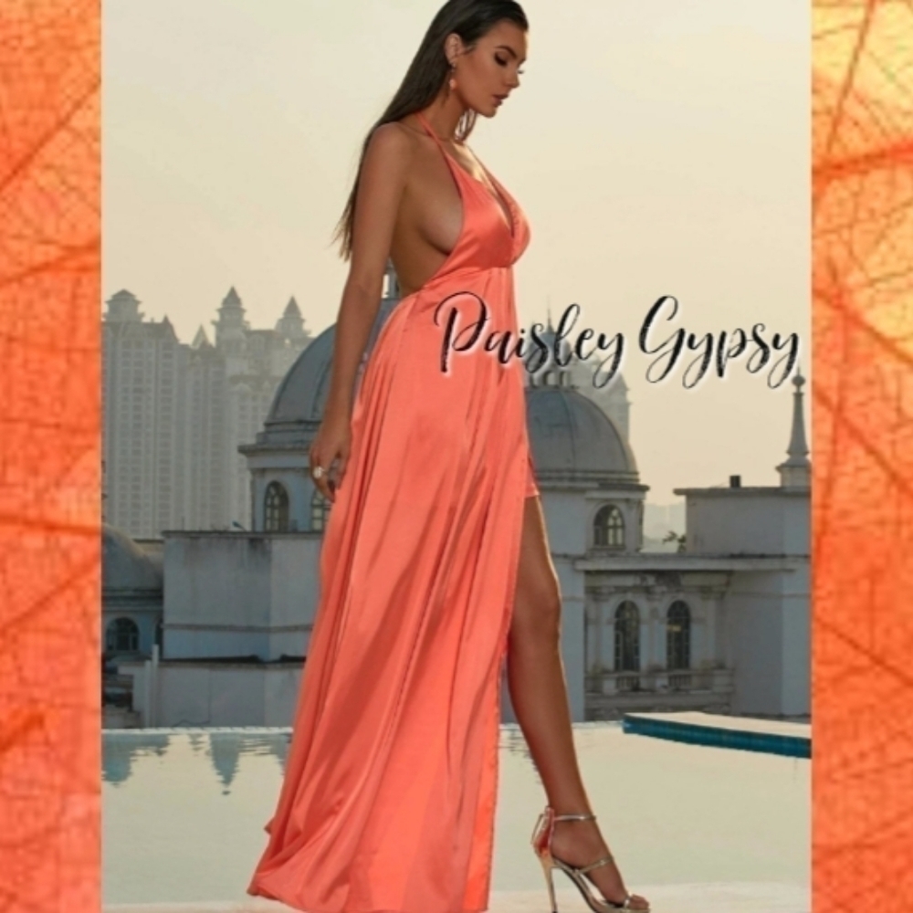 High Fashion Glamorous Spaghetti Strap A Line Formal Gown in Coral Orange - Picture 5 of 9